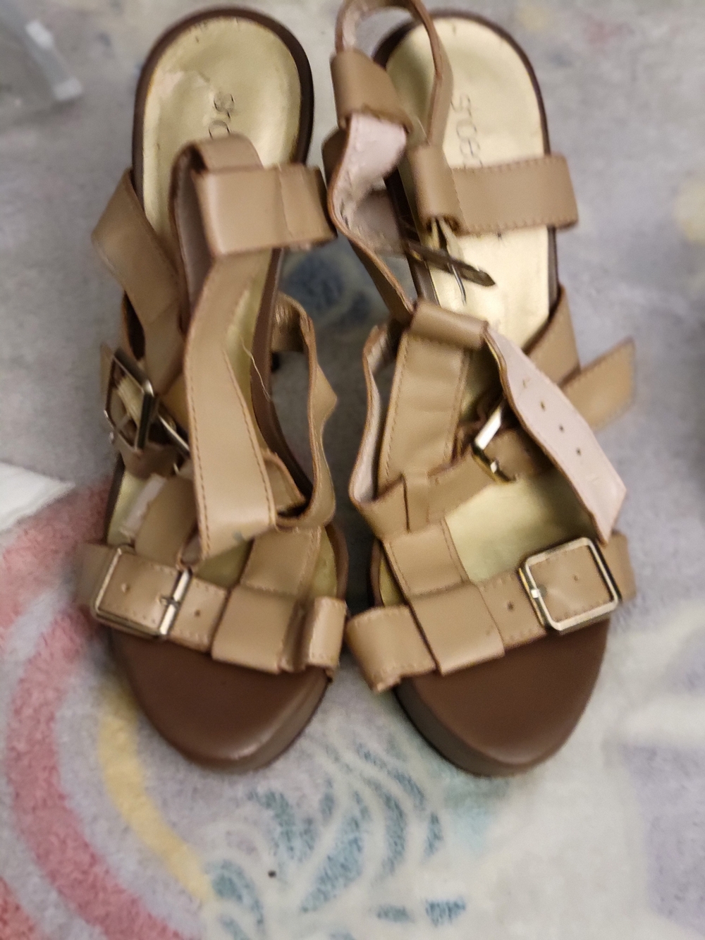 JustFab Beige Tan Strappy Buckle Heeled Sandals